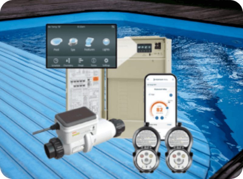 Smart pool automation devices including control panel, pump, remote controls, and phone app interface.