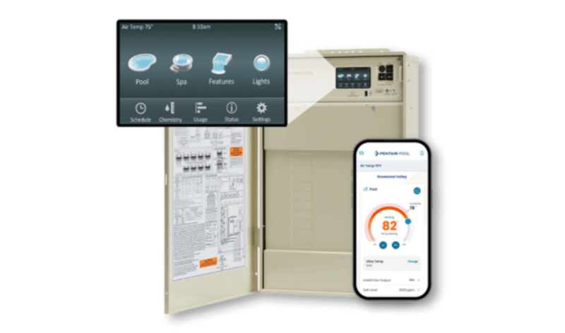 Pool control system with digital display, open panel, and smartphone app showing pool temp and settings.