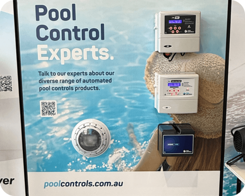Display of automated pool control products with text 'Pool Control Experts' and website poolcontrols.com.au.