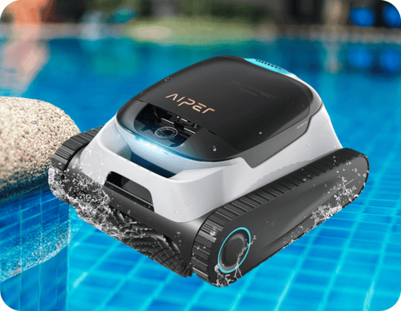 AIPER robotic pool cleaner moving along the edge of a blue-tiled swimming pool.