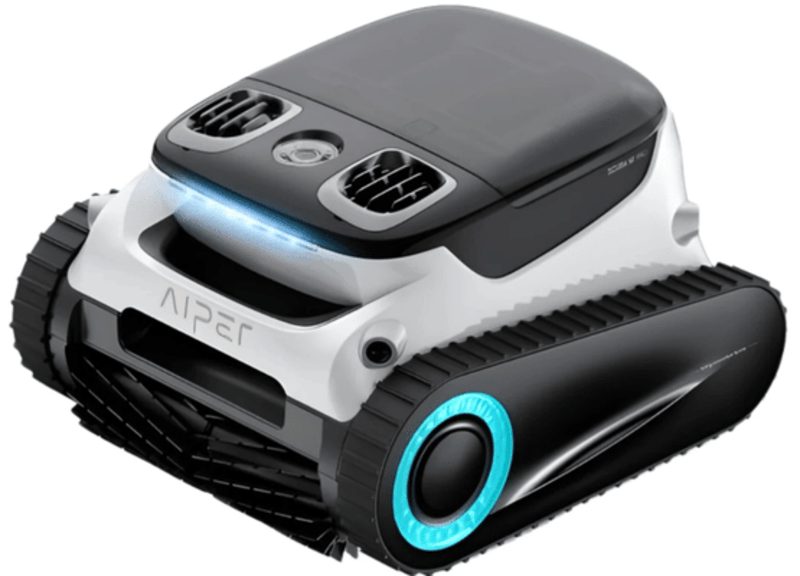 Compact Aiper robotic pool cleaner with black and white design and blue accent on tracked wheels.