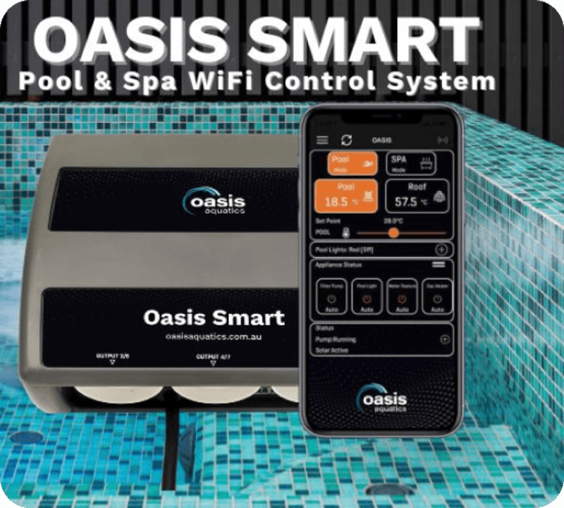 Oasis Smart Pool and Spa WiFi Control System device and mobile app interface over pool tiles.