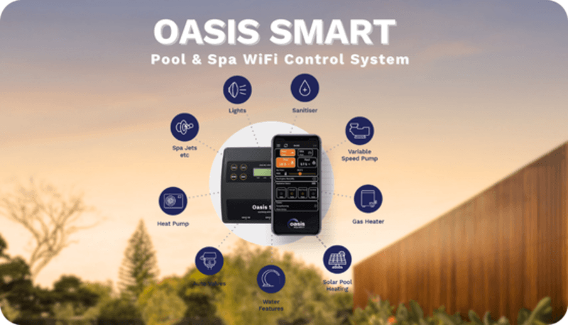 Oasis Smart Pool & Spa WiFi system controls lights, sanitizer, pumps, heater, valves, and pool heating.