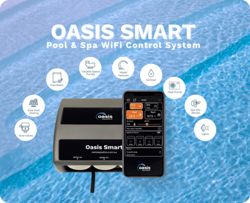 Oasis Smart Pool & Spa WiFi Control System device and smartphone interface over a pool water background.