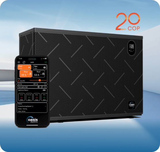 Black Oasis Aquatic pool heat pump with a mobile app showing temperature and mode controls.