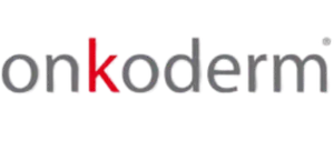 Kompaktes Logo des dermatologischen Fachnetzwerks onkoderm in grauer und roter Schrift.