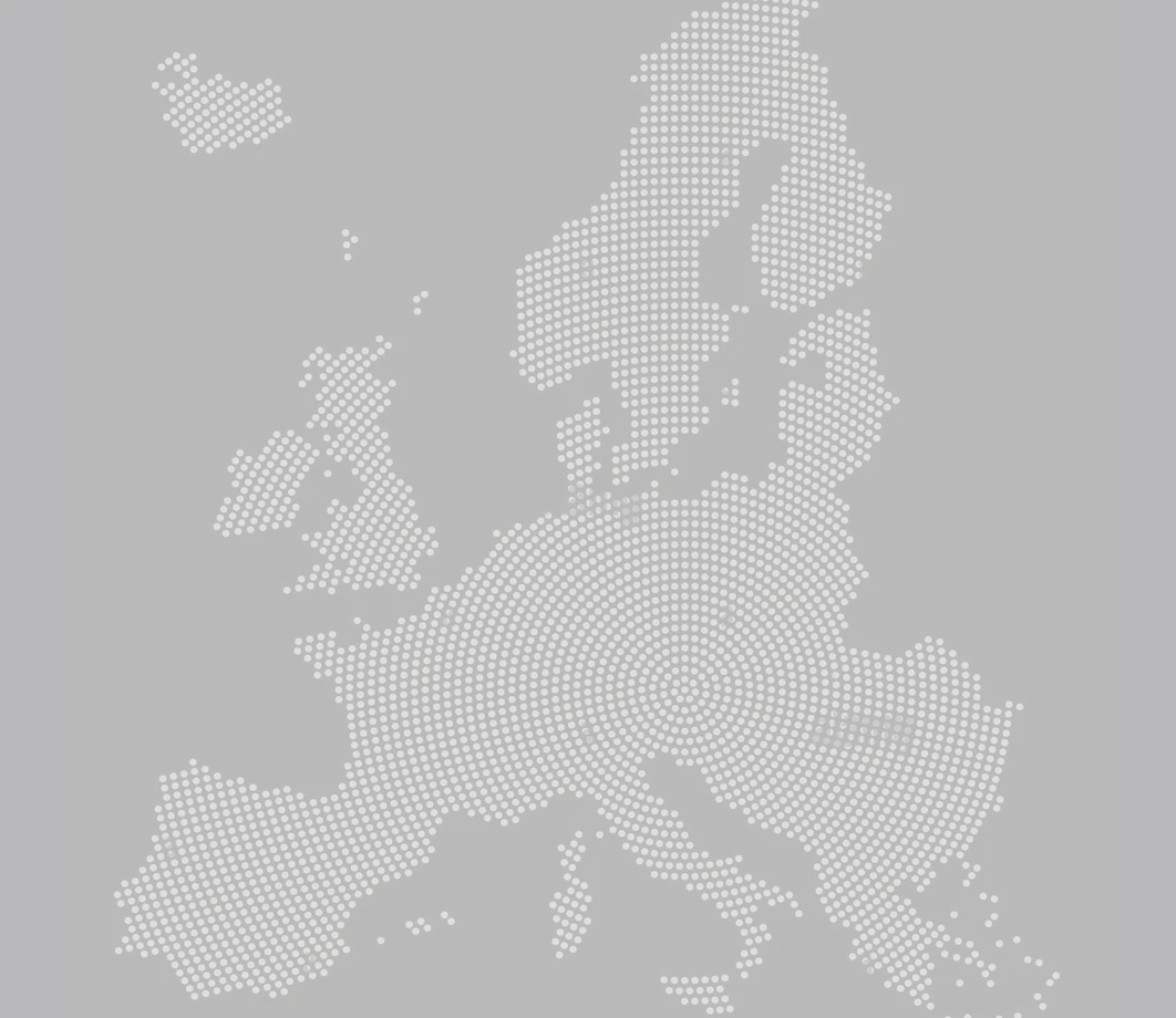 Carte d'Europe composée de points gris arrangés en cercles concentriques sur fond noir.