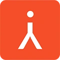 Symbole blanc stylisé ressemblant à une personne levée sur fond orange.