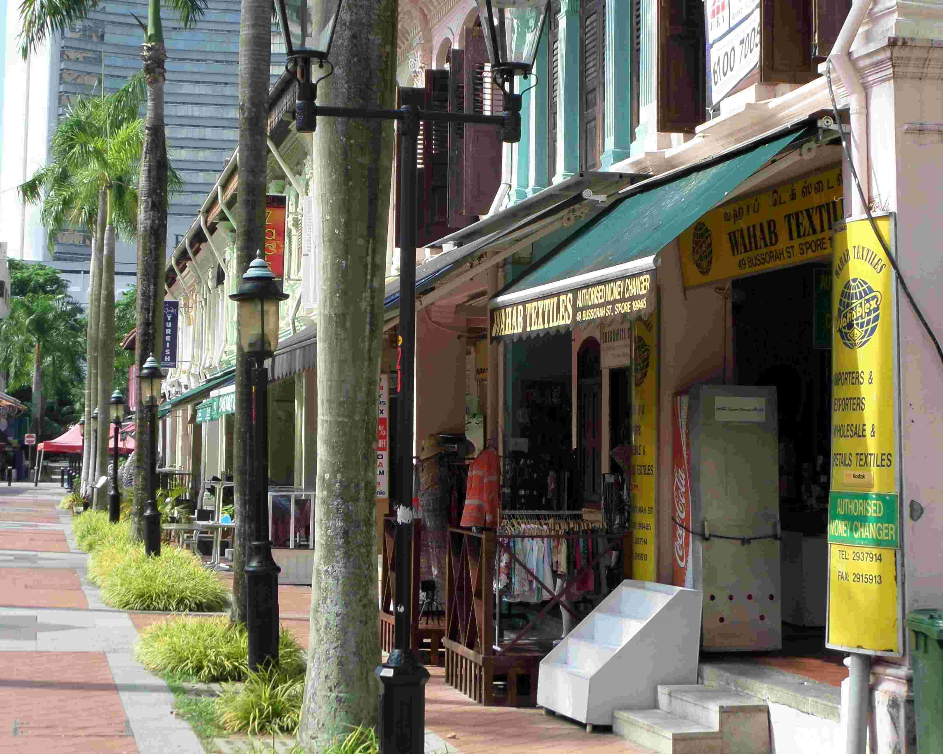 Street view of commercial shophouses with palm trees, vintage lamps, and colorful store signs.