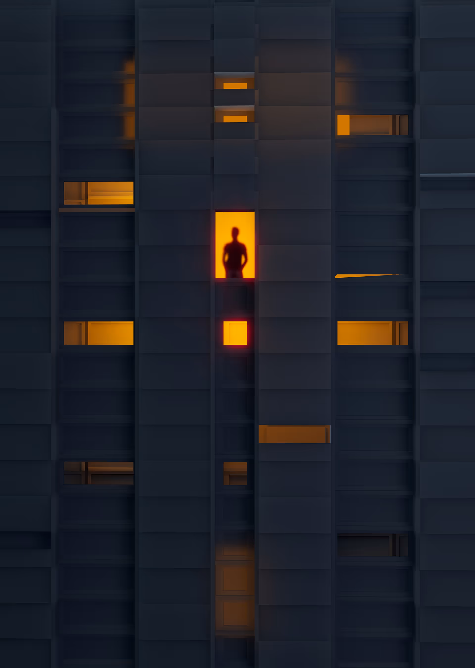 Silhouette einer Person in einem erleuchteten Fenster eines dunklen Gebäudes.