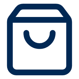 Simple dark blue shopping bag icon with handles on white background.