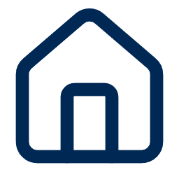 Simple dark blue outline of a house with a peaked roof and centered door.