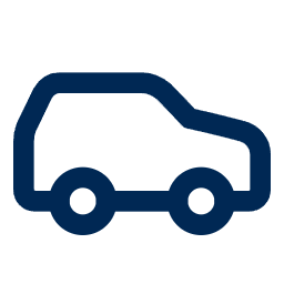 Simple dark blue icon of a car viewed from the side with two wheels visible.
