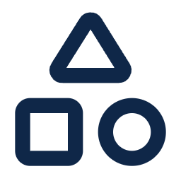 Three dark blue geometric shapes: triangle above square and circle side by side on white background.