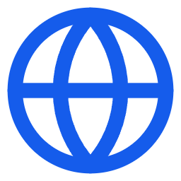 Blue globe icon with horizontal and vertical grid lines representing global connection.