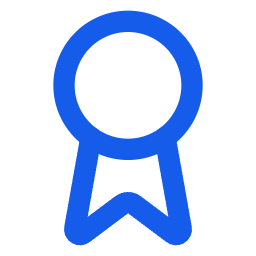 Blue ribbon award icon with a circular top and two ribbon tails.