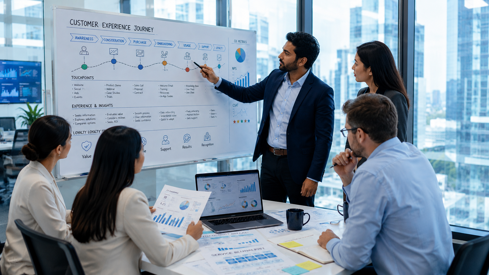 Customer experience research team reviewing customer journey and touchpoints