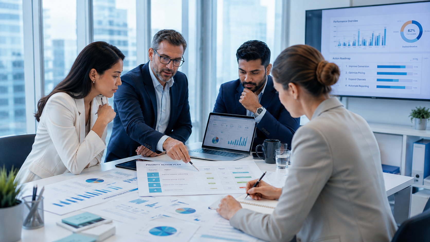 Business consultants transforming research data into strategic action plans