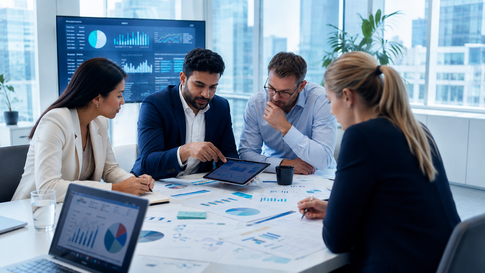 Market research consultants reviewing business insights and performance data