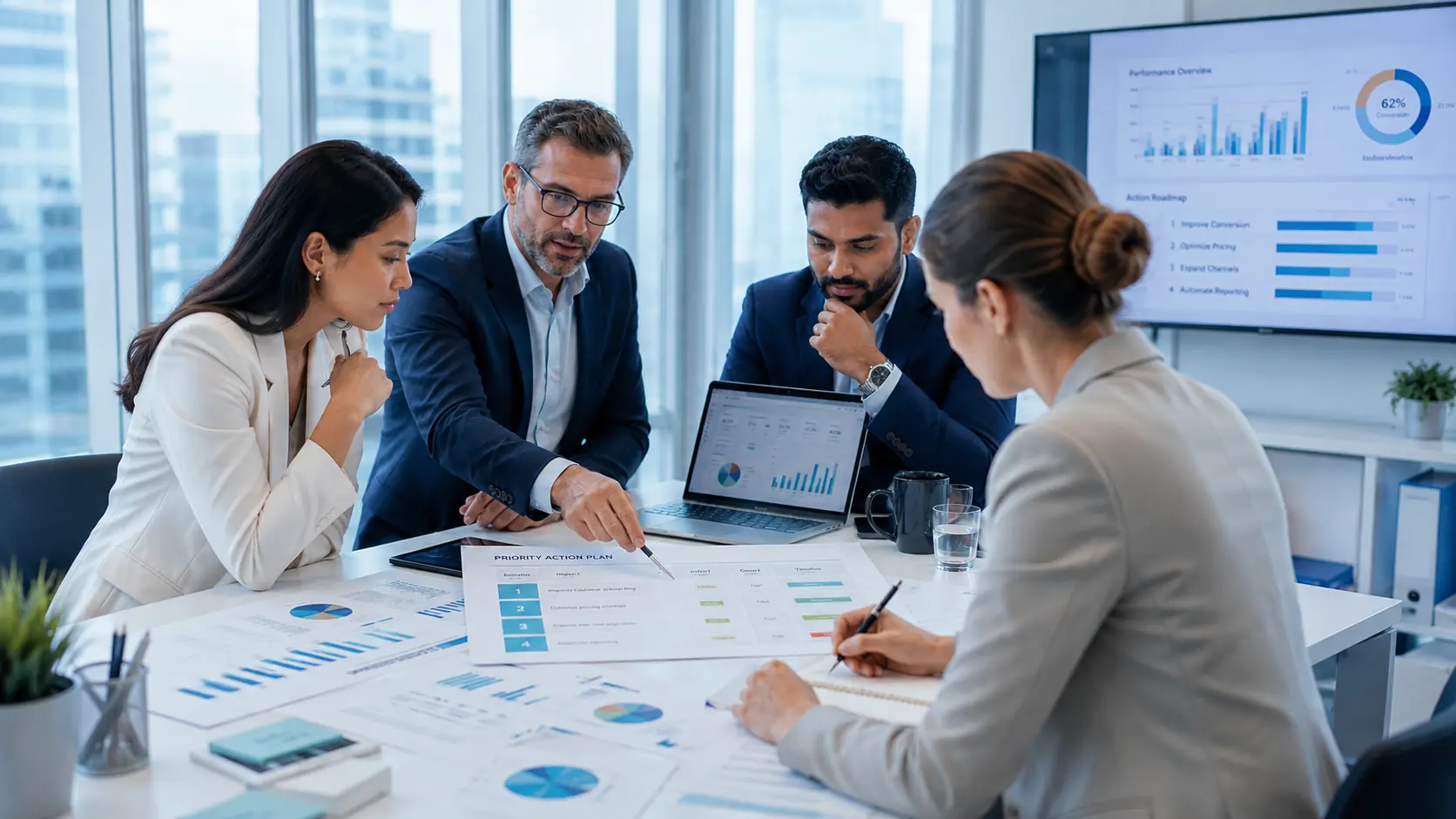 Business consultants transforming research data into strategic action plans