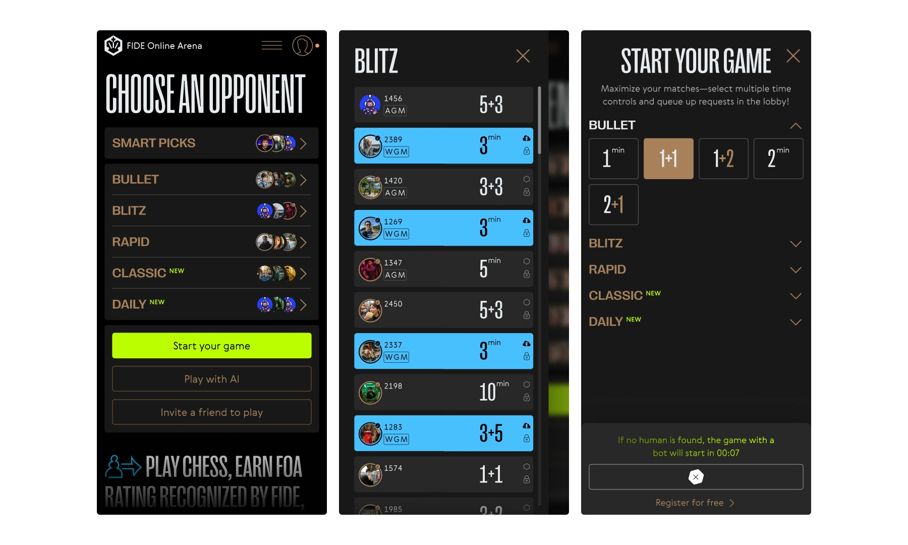 Mid-fidelity desktop layout design showing a multi-column chess lobby grid categorized by match time controls such as bullet, blitz, and rapid.
