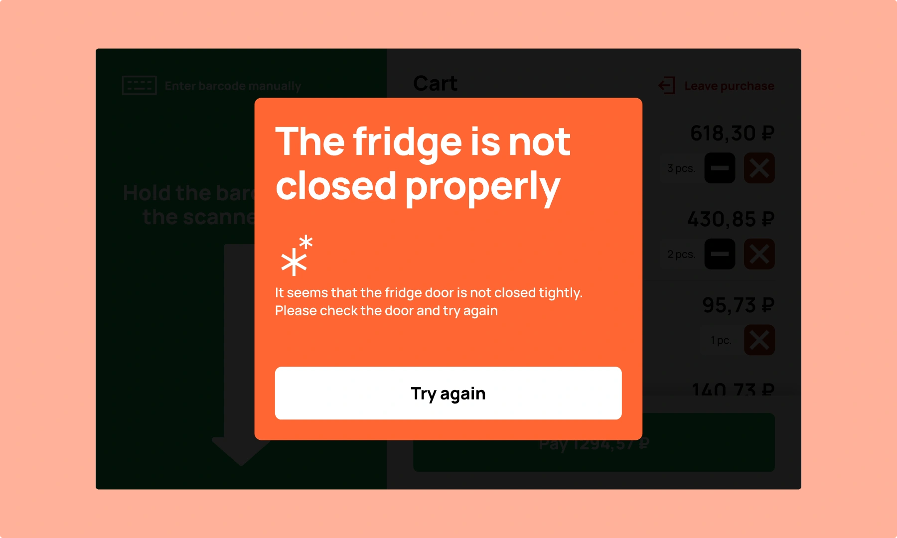 Micromarket terminal UI: High-visibility error screen instructing the user to securely close the fridge door to finish the session.