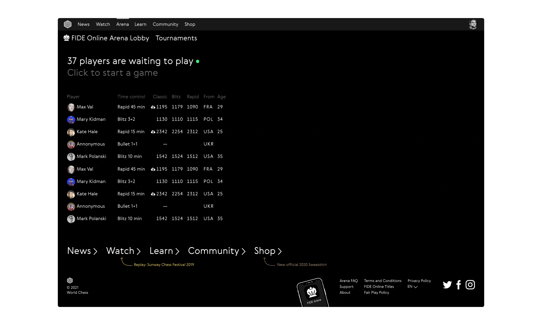 Legacy user interface design of the World Chess online lobby, showing a single text-heavy vertical list of active games prone to sudden layout jumps.