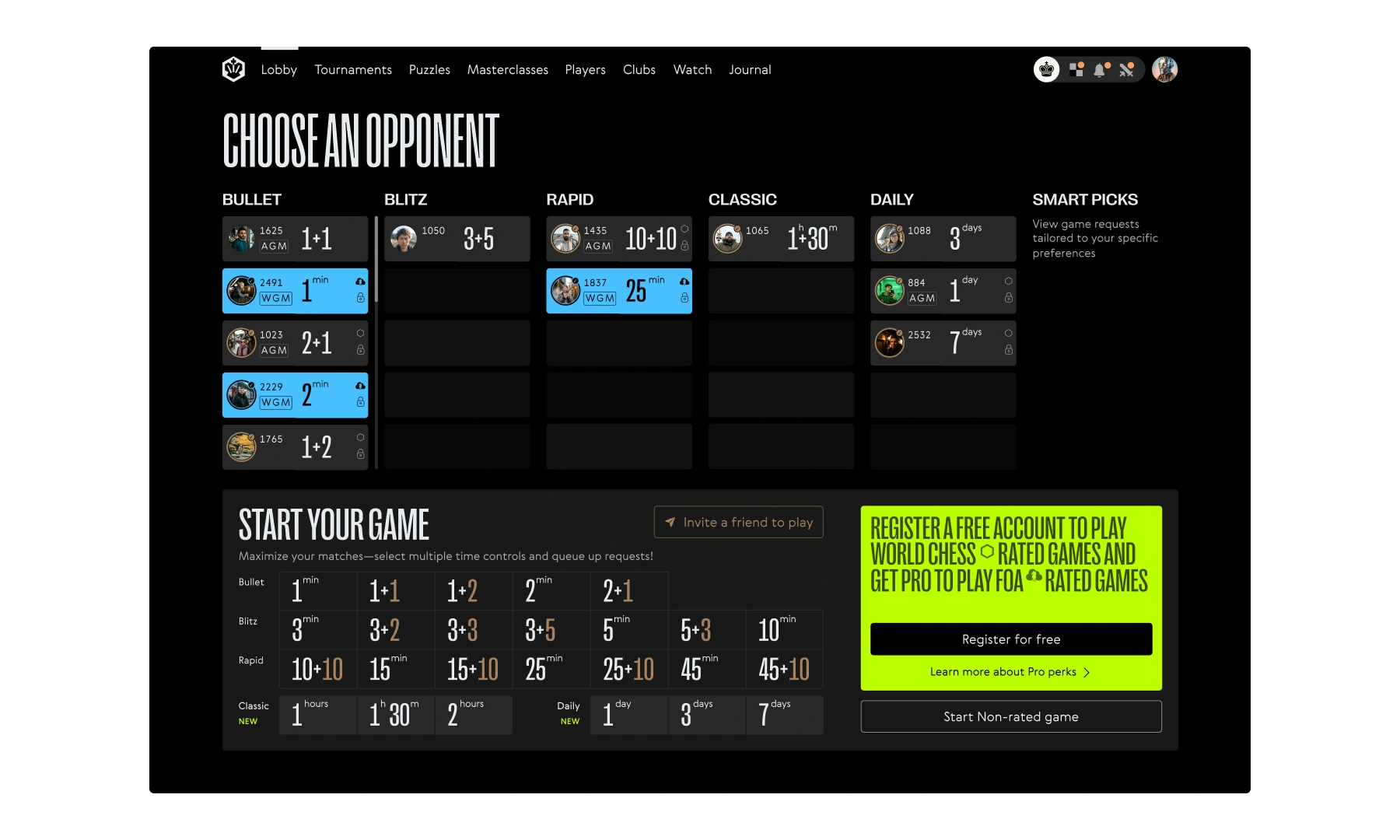 Final high-fidelity desktop user interface of the World Chess Lobby, featuring a clean multi-column match selection grid, distinct FIDE-rated styling, and custom bot challenge blocks.