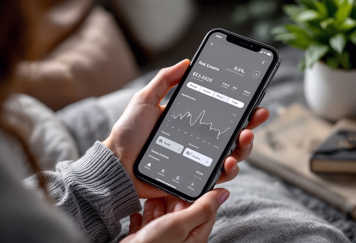 image of analytics dashboard (for a real estate tech) displayed on a mobile device
