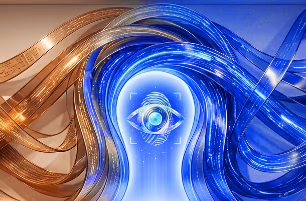 Glowing eye symbol inside an archway, surrounded by flowing digital ribbons in gold and blue hues.