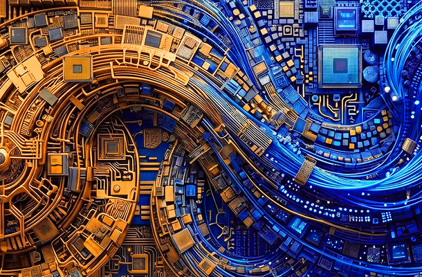Abstract digital artwork depicting intertwined copper and blue circuitry and microchip pathways.