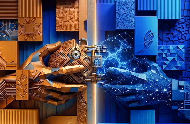 Digital artwork of two robotic hands, one copper-colored holding a mechanical brain, and the other blue with network lines, facing each other separated by a glowing vertical line.