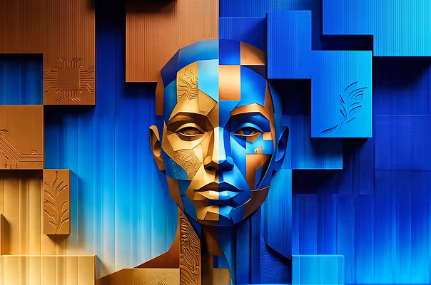 Abstract digital illustration of a human face with geometric blue and gold blocks and circuit patterns.