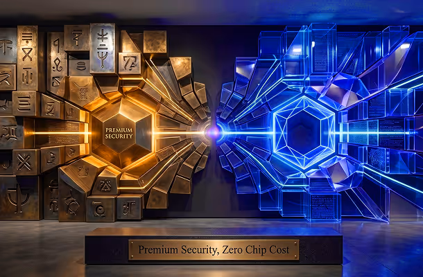 Gold and blue futuristic hexagonal security shields connected by a glowing beam, symbolizing premium security and zero chip cost.