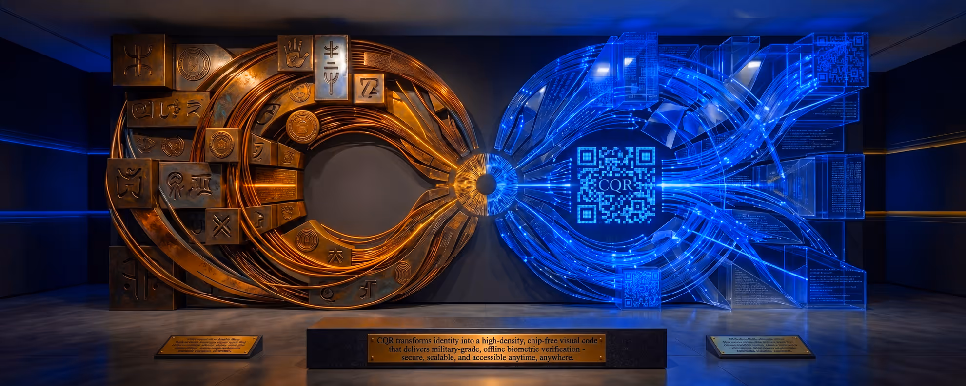 Sculptural installation featuring a large circular design split in two halves: a glowing bronze left side with ancient symbols and a blue right side with illuminated digital circuitry and QR codes, representing biometric verification technology.