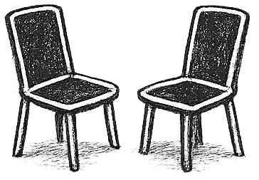 Black and white stylized illustration of two chairs facing each other on a gray background.