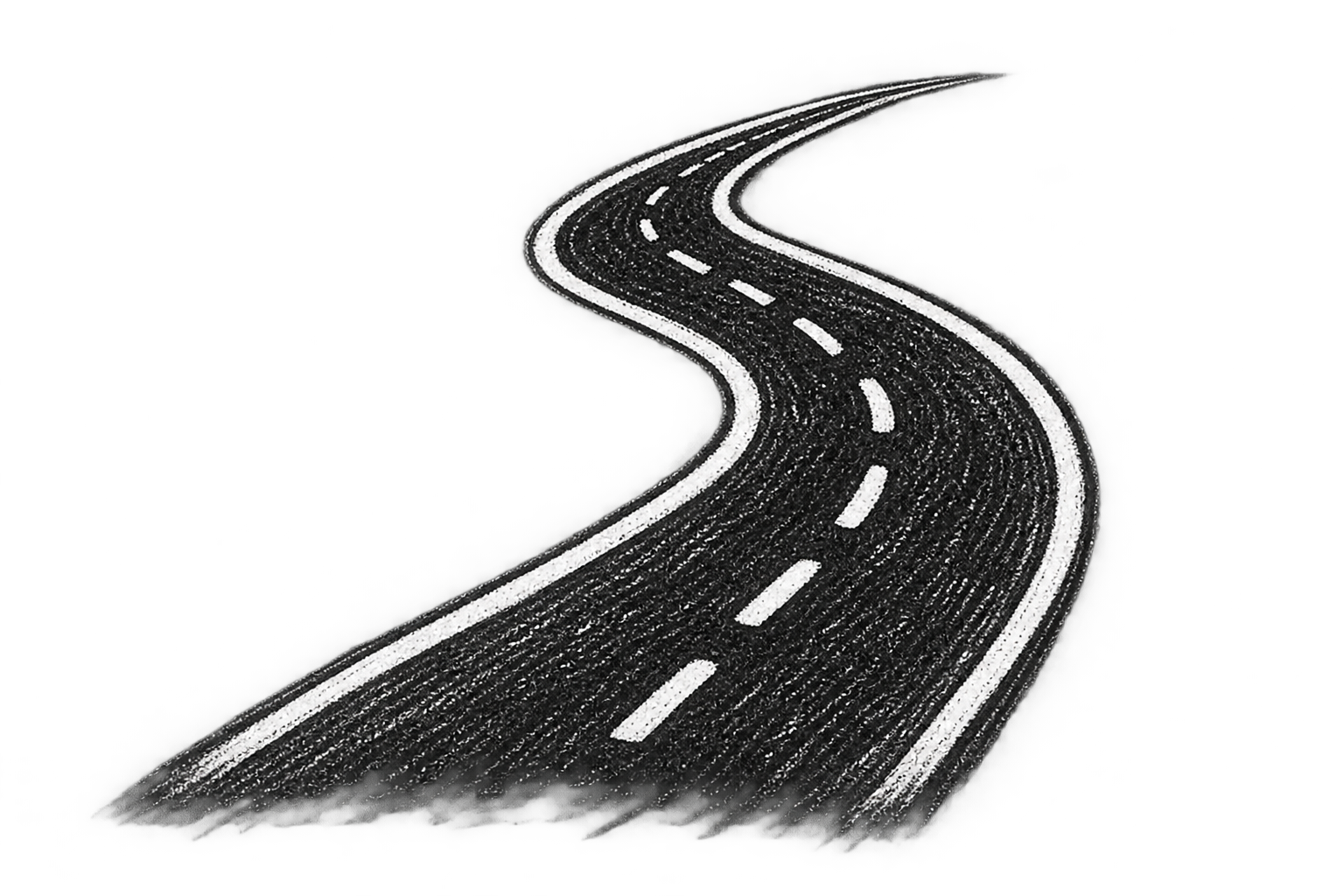 Drawn winding road with dashed center lines on a gray background.