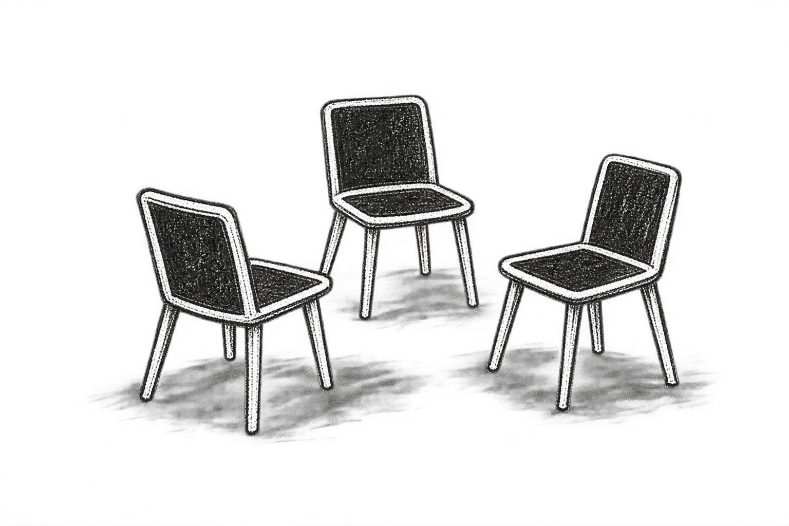 Black and white stylized illustration of two chairs facing each other on a gray background.