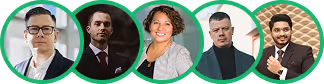 Five diverse professionals in circular frames with green borders, smiling or neutral expressions.