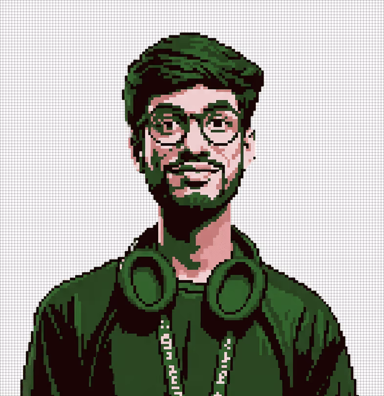 Pixel art portrait of a young man with glasses, beard, and headphones around his neck on a grid background.