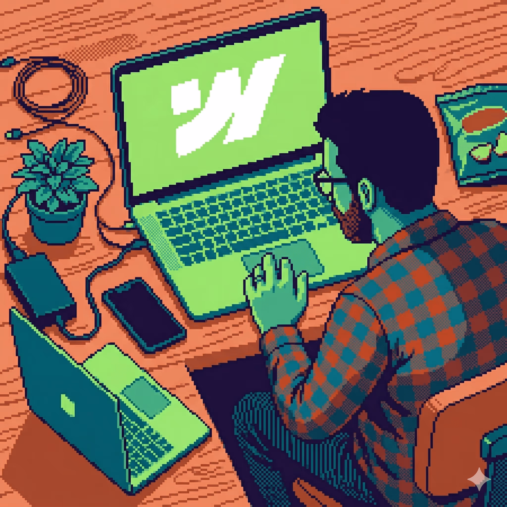 Pixel art of a man with glasses using a laptop at a wooden desk with a plant, phone, and chips.