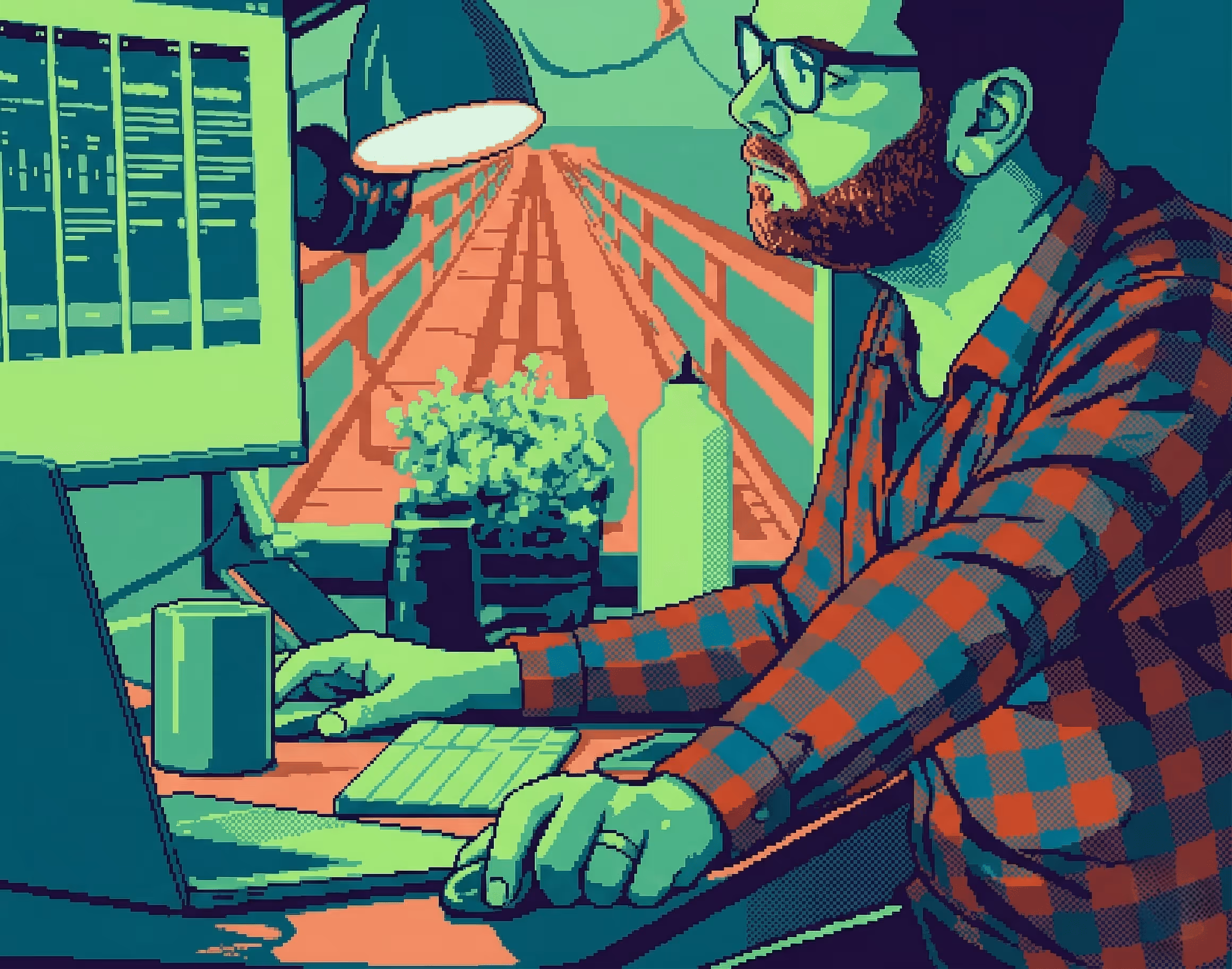 Man with glasses and beard in a checkered shirt working on a computer at a desk with plants and lamp.