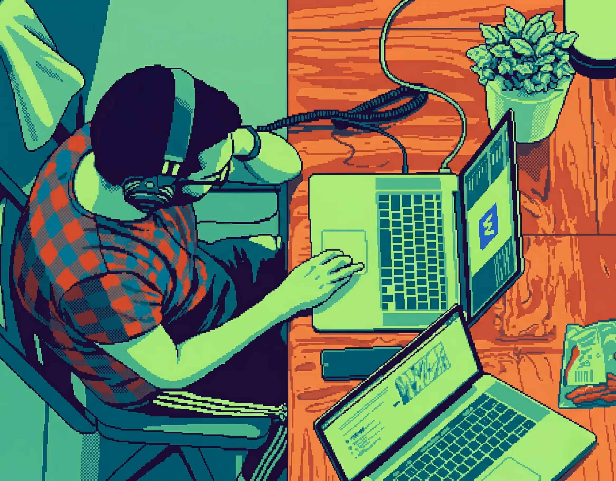 Pixel art person with headphones using laptop at wooden desk with second laptop and plant nearby.