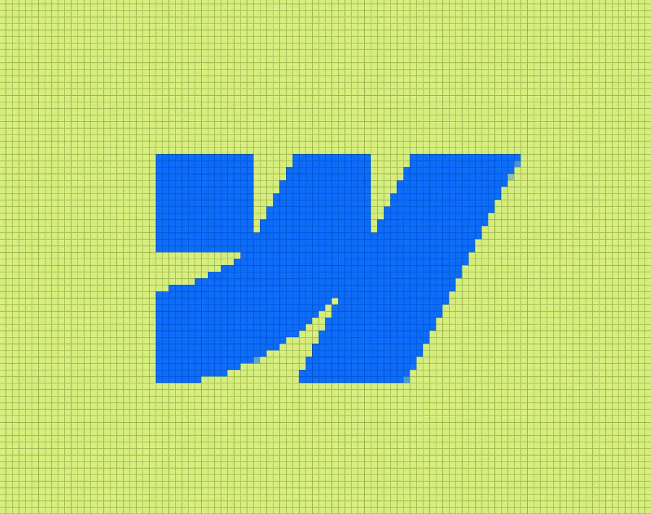 Blue pixelated hand shape on a green checkered background.