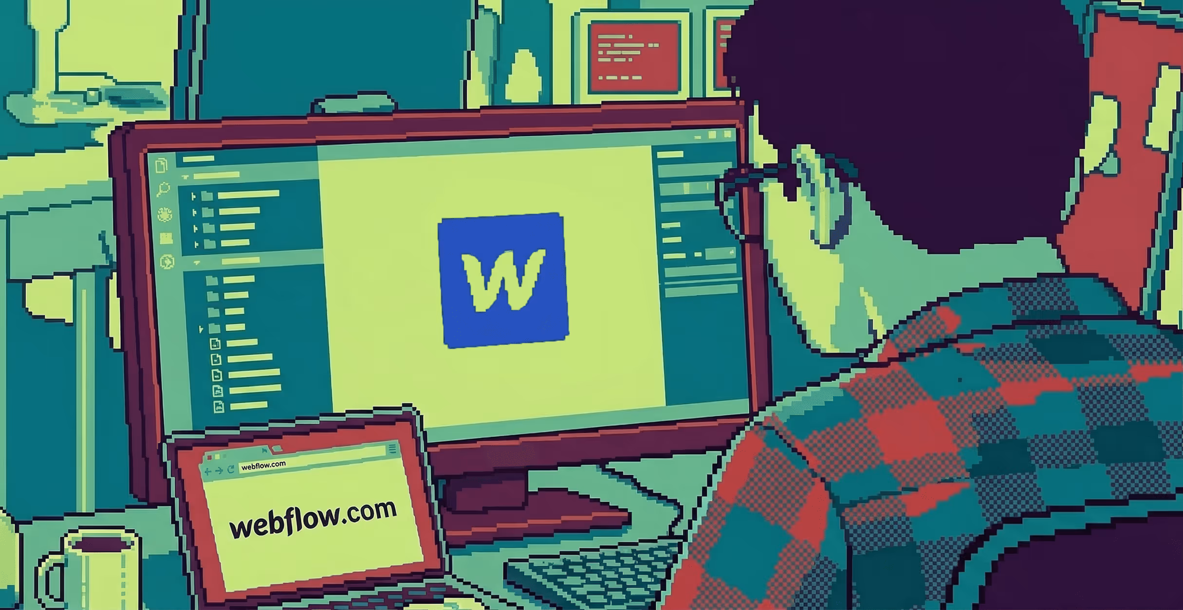 Pixel art of a person working on webflow.com on laptop and desktop with the Webflow logo visible.