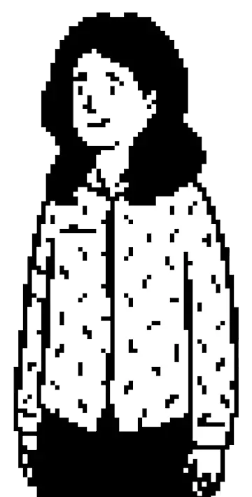 Pixel art character with long hair wearing a jacket and shirt with a pattern.