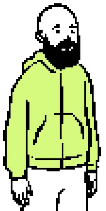 Pixel art of a person with a beard wearing a lime green hoodie and black pants on black background.