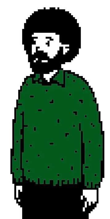 Pixel art of person with glasses, afro hairstyle, wearing a green sweater and black pants.