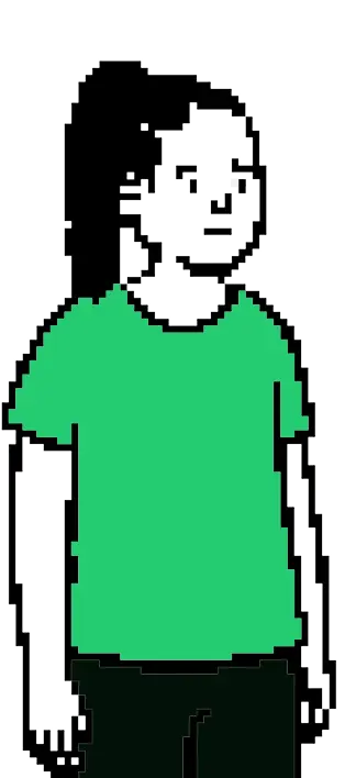 Pixel art of a person with long hair wearing a green shirt and black pants.