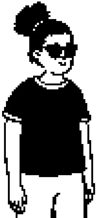 Pixel art of a person with dark skin, wearing glasses, a black shirt, and hair in a puff.